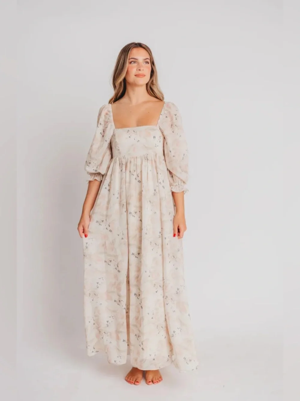 Storia Cream Floral Maxi Dress with Subtle Blush Accents